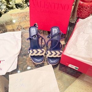 Valentino Torchon Blue Stripe Cord Rope Wedge Ankle Strap Espadrille